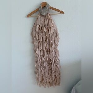 Catherine Regehr Formal Dress T Neck Bejeweled 100% Silk Spiral Hem Pink Medium